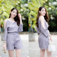 Dee-ya Shop เสื้อผ้าผู้หญิง จั๊มสูทขาสั้น สีเทา ชุดไปเที่ยว  พร้อมส่ง