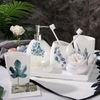 ﹊¤ Green plant Nordic ceramics Bathroom Accessories Set Soap Dispenser/Toothbrush Holder/Tumbler/Soap Dish China Bathroom Products