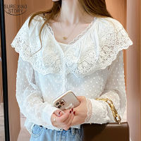 2021 Elegant Soft Ruffled Button Lace Blouse Autumn Long-sleeved Solid V-neck Chiffon Blouse Hollow Flower Stitching Shirt 16852