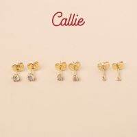 【D】 Callie 14K เพชร Zirconia ชุบทองต่างหูเม็ดกลมขายต่อคู่