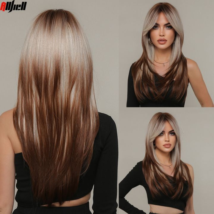 ยาวตรงสีบลอนด์วิกผมสังเคราะห์หลายชั้นสีน้ำตาล-balayage-ombre-วิกผมบางสำหรับผู้หญิงผิวดำเครื่องแต่งกายคอสเพลย์ทนความร้อน