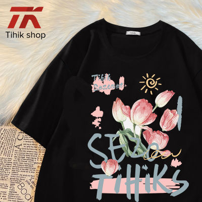 Tihik เสื้อยืดแขนเสื้อแขนสั้นคอกลมพิมพ์ลายดอกไม้สร้างสรรค์โอเวอร์ไซส์สำหรับผู้หญิงสไตล์เกาหลี