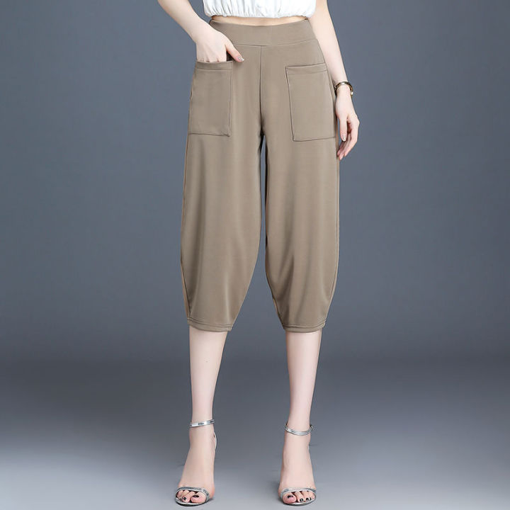Summer Capris Pants for Women Elastic Waist Loose Capris Trousers