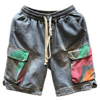 Elastic Drawstring Graffiti Print Pocket Work Denim Shorts Mens Summer Trend Casual American High Street Five Piece Pants