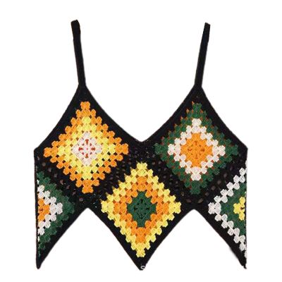 ผู้หญิง Boho โครเชต์ถักแขนกุด Camisole Multicolor Rhombus ลายสก๊อตเซ็กซี่ V คอ Crop Top ไม่สม่ำเสมอ Hem Slim Beach Vest