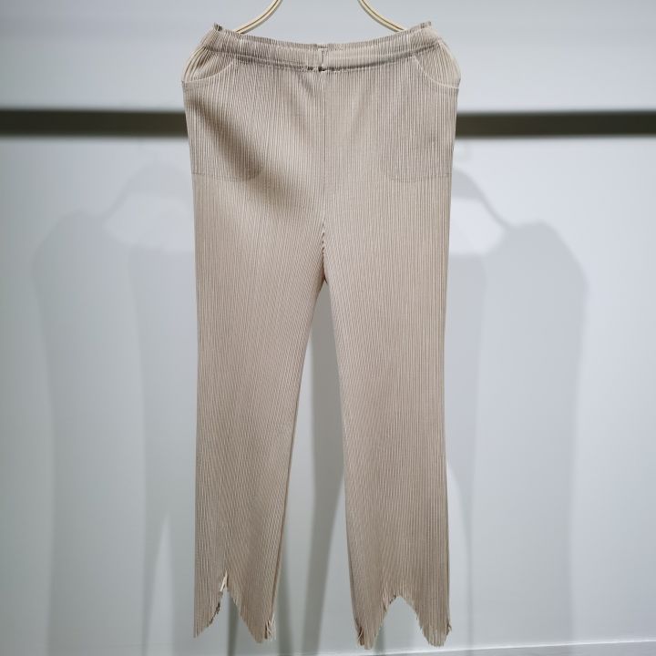 miyake-กางเกงจับจีบกางเกงผู้หญิงสีทึบเอวยางยืดบาง-slim-micro-flared-fringed-คร็อปแพนท์-6855