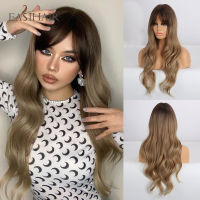 EASIHAIR Long Wavy Brown Ombre Synthetic Wigs for Women Natural Hair Wig with Bangs Heat Resistant Daily Party Cosplay Wigs