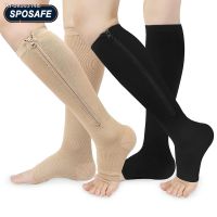 ♙❁► 2Pcs/Pair Zipper Compression Socks Calf Open Toe Compression Stockings for Women Men Walking Running Cycling and Sports