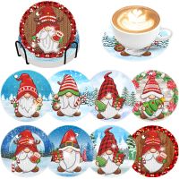 8 Pcs Christmas Gnome Diamond Painting Coasters Kits Christmas Gnome DIY Coasters with Holder Holiday Acrylic Round Cup