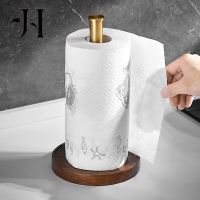 Modern Walnut Kitchen Roll Paper Holder Vertical Paper Towel Rack Shelf with Wooden Base Countertop Kitchen Metal Standing