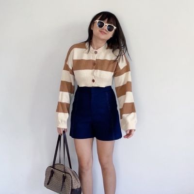 STRIPED CARDIGAN I เสื้อครอปคาร์ดิแกนไหมพรมแขนยาวลายทาง เสื้อคลุม เสื้อกันหนาวสไตล์เกาหลี