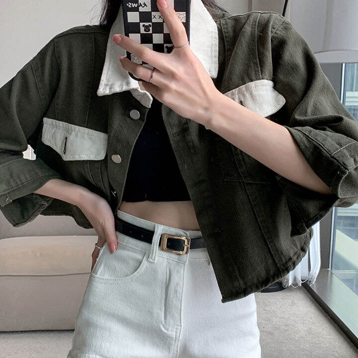 Crop Tops Denim Jacket for Women Plus Size Korean Style Contrasting ...