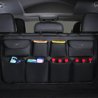 2021 New PU Leather Car Rear Seat Back Storage Bag Multi-use Car Trunk Organizer Backseat Auto Stowing Tidying Mesh Hanging Bag