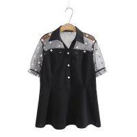 【มีไซส์ใหญ่】Plus Size Womens XL-4XL V-neck Floral Embroidery Summer Blouses Ladies Office-wear Black Female Tops