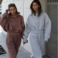 Hooded Sweatshirt And Sweatpants Set For Women, Loose Tracksuit, Long Sleeve, Sports Jogging Suit, Solid Grey Outfits, 2-Piece