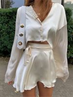 White Elegant Satin shirt Set Women Lantern Long Sleeves Crop Tops two pieces sets Sexy High Waist Mini shorts suit 2023