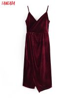 Tangada Womens Party Dress Red Velvet Midi Dress Strap Adjust Sleeveless 2021 Korean Fashion Lady Elegant Dresses QN45