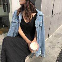 Women Midi Dress V-Neck Backless Sleeveless Knitted Slip Dress