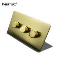 ❂◇▨ Wallpad Triple LED Dimmer Switch 3 Gang 2 Way Push On Off Brushed Satin Brass Stainless Steel Panel Metal Button