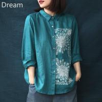 Artistic leisure loose slimming irregular printed linen shirt womens front and back wear cotton and linen top V729