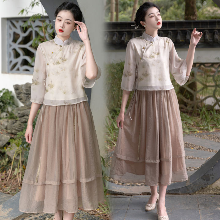 2023ใหม่ชุดชาเซน-hanfu-เสื้อเชิ้ตเสื้อแขนยาวสตรี-กระโปรงเอวยางยืด