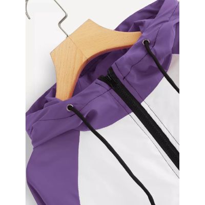 Hooded Three Tone Windbreaker Jacket Zipper Pockets Coats