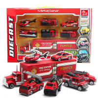 7pcsset Fire truck vehicle set Ladder fire truck Helicopter ambulance Container truck car Alloy toy collection model kids gift
