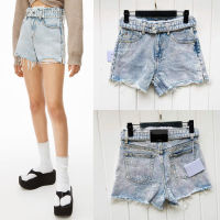 2022 spring and summer new belt raw edge high waist jeans pure cotton niche fashion all-match slim casual denim shorts women