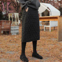 Elastic High Waist Black Cotton Quilted Skirt Diamond Plaid Pockets Straight Sukienka Autumn Winter Solid Color Casual Mom Saia