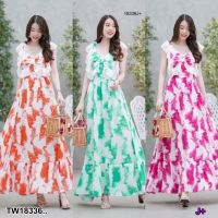 J18336 เดรสยาว มัดโบว์หลัง พิมพ์ลาย Long dress with bow back, printed pattern