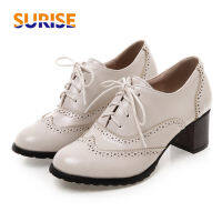 ผู้หญิงอังกฤษ Oxfords รองเท้าส้นสูงปั๊ม Beige สีดำรอบ Toe Brogues Casual Office Lady Lace-Up Vintage Preppy ชุด Derby