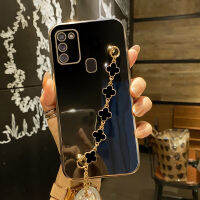 COROGI เคส Samsung กาแลคซี M31 / M30s/M21พร้อมสายรัดข้อมือลายดอกโคลเวอร์นำโชคสร้อยข้อมือชุบ6D เคสมือถือขอบสี่เหลี่ยมกันชนฝาหลังป้องกันซิลิโคนแบบนิ่ม