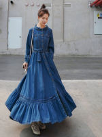 【CW】2022 Spring Autumn New Temperament Denim Dress Female Fashion Polo Korean Womens Single-breasted Denim Long Skirt Cheongsam