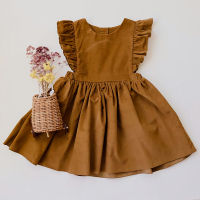 Girls Retro Ruffle Linen Dress 2022 Summer New Childrens Casual Sleeveless Rustic Brown Cotton And Linen Dresses TZ025