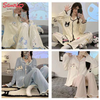 Kawaii Sanrios ชุดนอนอะนิเมะการ์ตูน Cinnamoroll Kuromi ฤดูใบไม้ผลิฤดูใบไม้ร่วง Homewear แขนยาวกางเกง V คอ Cardigan ชุด