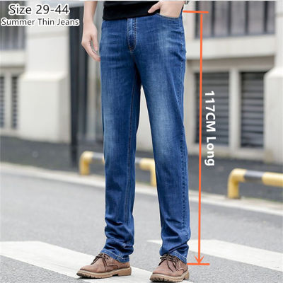 Lebih Panjang Seluar Jeans 117CM Tinggi Lelaki Nipis Diregangkan Plus Saiz 40 42 44 Besar เข้ารูปพอดี Pinggang Tinggi Denim Biru