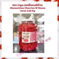 เชอรี่แดงมีก้าน ตรา Ligo Maraschino Cherries W Stems ขนาด 4.25 Kg  ผลไม้อบแห้ง สินค้านำเข้า ผลไม้เชื่อม ทำขนม แยม เบเกอรี่ ตกแต่งขนม แต่งหน้าเค้ก bakery