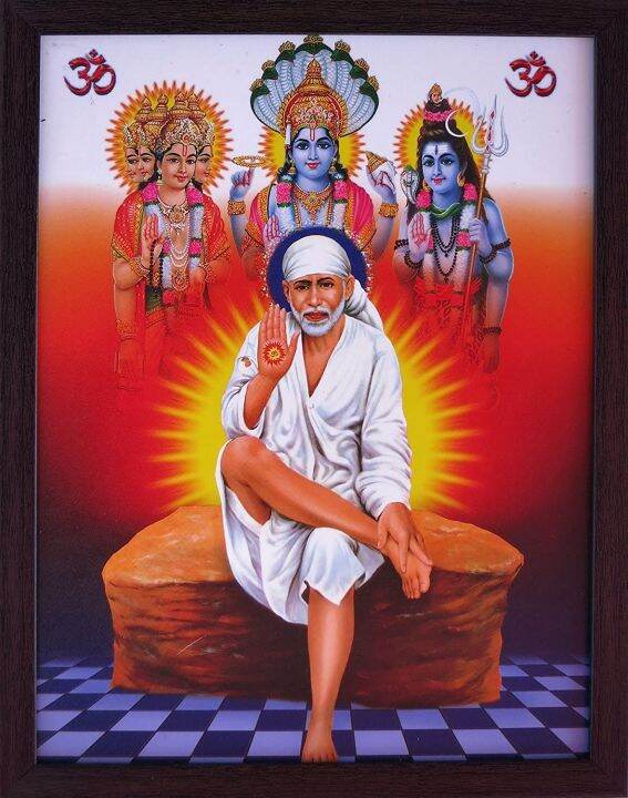 Sai Baba Sitting on Rock with White es and Lord Brahma Vishnu Mahesh