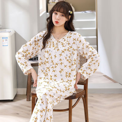 Sweet Women Pajamas Set Long Sleeve Spring Summer Ladies Homewear 2 Pieces Loose Cute Girl Ruffles Pijama Suit For Female