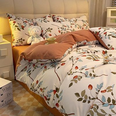 【Ready】🌈 ins green small fresh class A washed cotton and linen double-layer yarn four-piece set cartoon quilt cover bed sheet three-piece dormitory set
