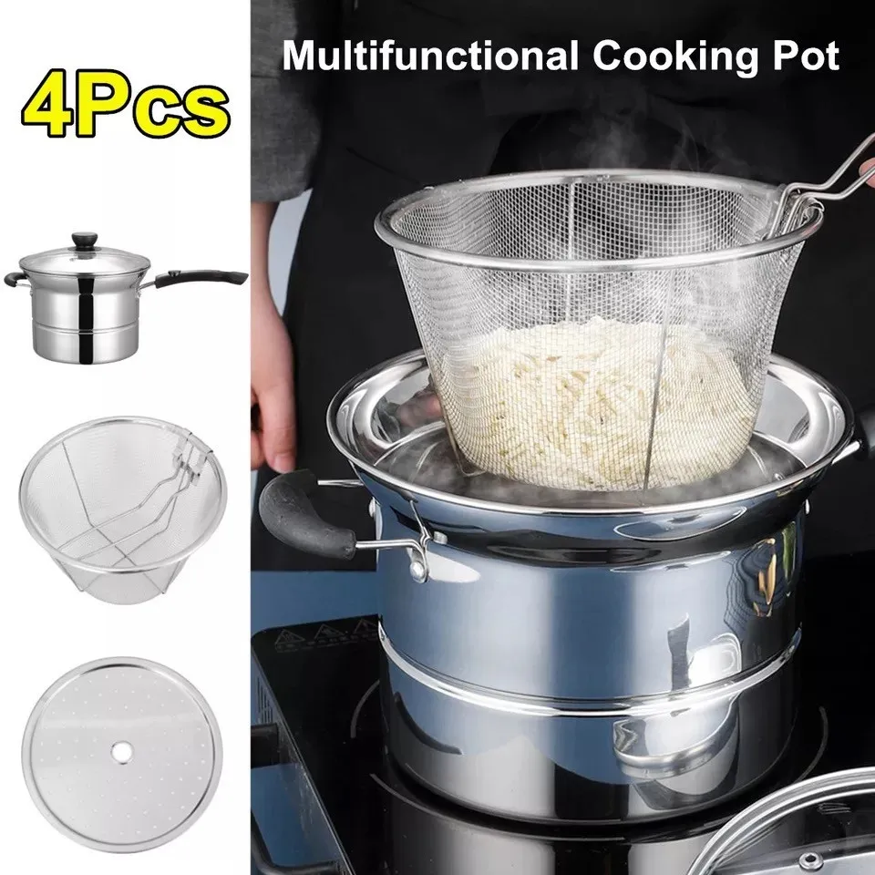 4pcs Stainless Steel Multi-functional Fryer & Pasta Pot With