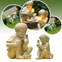 A KID WITH SOLAR FIREFLIES GARDEN STATUE-GARDEN DECORATION GOULD