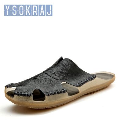 【CC】✼☬  YSOKRAJ Leather Slippers for Men summer Hot slides male Sandals Beach outsides shoes flip-lops hombres Sandalia