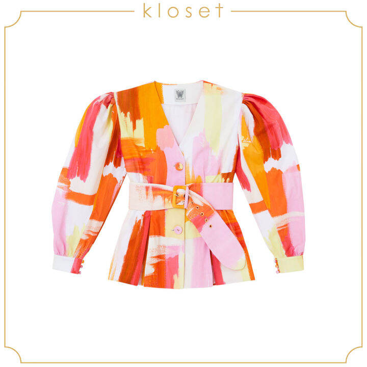 kloset-painter-button-belt-top-ss21-t022-เสื้อแขนพอง-เสื้อผ้าพิมพ์-เสื้อพร้อมเข็มขัด-เสื้อผ้าผู้หญิง-เสื้อผู้หญิง