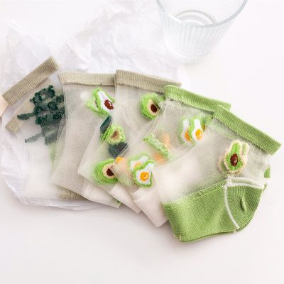 ‘；’ 5 Pairs Women Summer Short Socks Harajuku Cartoon Fruit Avocado Letter Crystal Silk Transparent Elastic Ultra-Thin Casual Socks