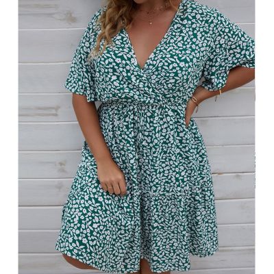Plus Size Dress Woman 2023 Summer V Neck Short Sleeve Floral Print Casual Midi Dress High Waist Chic Beach Party Dresses
