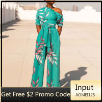 Summer Printed Jumpsuits Irregular Shoulder Sleeves with Sashes Wide Leg Women Floral Vacation Overall Female Bodysuit Big Size