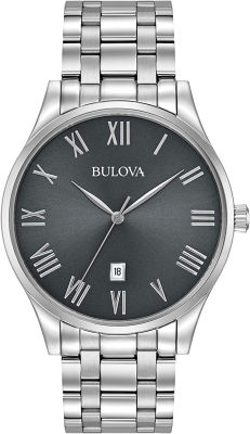 Bulova Mens Classic Stainless Steel 3-Hand Date Calendar Quartz Watch, Grey Dial with Roman Numeral Markers Style: 96B261