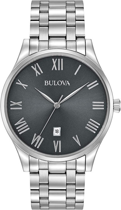 bulova-mens-classic-stainless-steel-3-hand-date-calendar-quartz-watch-grey-dial-with-roman-numeral-markers-style-96b261