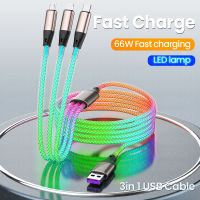 3 In 1 USB Type C เคเบิ้ลบริษัทโกลว์ไหลสายไฟ LED แสง66วัตต์อย่างรวดเร็วชาร์จ USB ไมโครชาร์จสายเคเบิ้ลลวดสำหรับ ซัมซุงหัวเว่ย